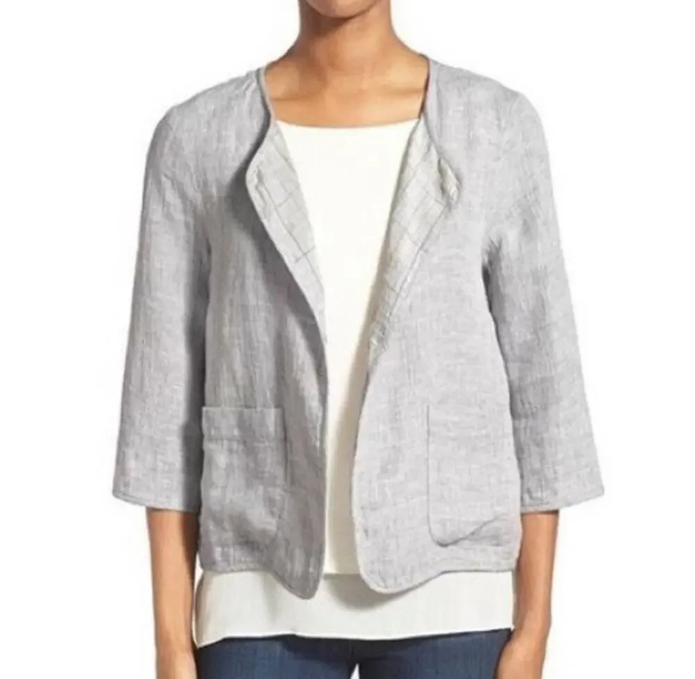 Eileen Fisher Open Front Gray 3/4 Sleeve Linen Cotton Jacket Size Petite Small